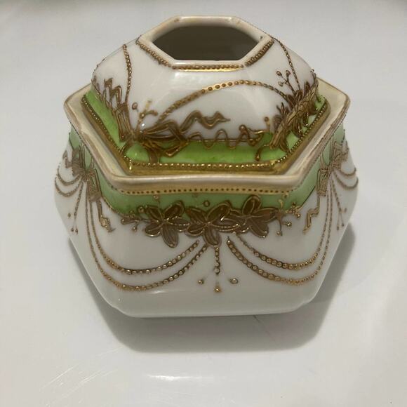 NIPPON Moriage Beading Vintage Hair Receiver Green Gold Hand Painted - Picture 3 of 8